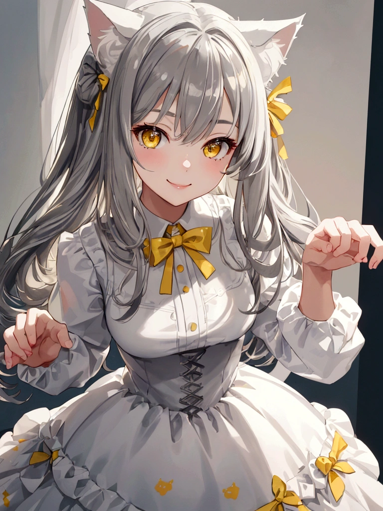 ((masterpiece)), ((best quality)), (close-up:1.3), (half-body shot:1.36), perfect anatomy, 1girl, solo, cat girl, gray hair, yellow eyes, gray cat ears, gray fluffy cat tail, basic white dress, standing straight, smiling, lighting from front, looking at viewers, facing sideway