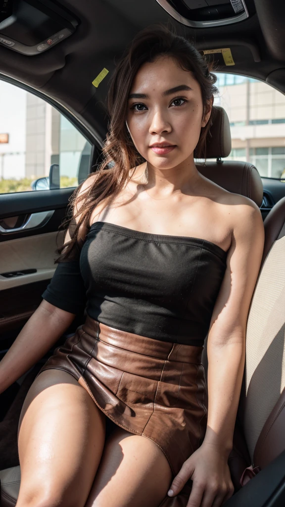 Sit in the front passenger seat facing the driver,Photographed from the driver, perspective,2014 BMW X5M interior,The ceiling and leather parts inside the car are all black.,32Hcup,Off-the-shoulder red dress,Low-cut V-neck short skirt red dress,Eyes on the driver,The main gate of Ma Guang Elementary School is the background,Showing breasts,You must be able to clearly see that the background is Ma Guang Elementary School