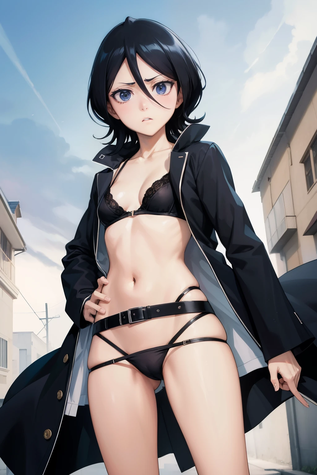 Rukia  ,1girl , anime , masterpiece  , Black hair, black jaqueta aberta open clothes , solo ,  jacket, open clothes, bra , flat chest , pantie  , garterbelt ,long socks ,disgusted face  , looking at viewer , open dor orgasm face  .