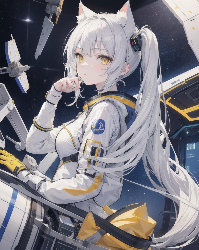 masterpiece, best quality, 1girl, spacecraft interior, spacesuit, upper body, from side, science fiction, yellow eyes, twintails, silver hair, cat ears, looking at viewer,