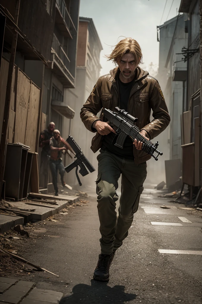 Man with a gold ak47 running away from zombies