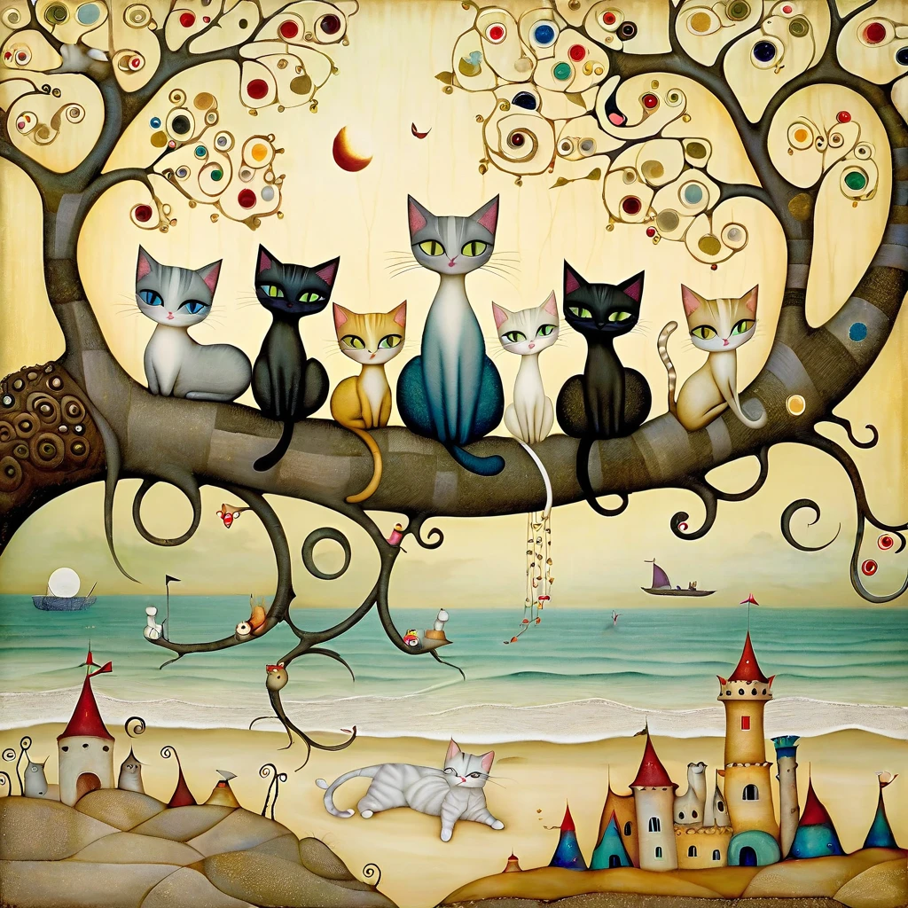 a beautiful patchwork of Some cats climbing the branches of a fallen tree. Seascape background, beach, sand castles. Warm colors. style Klimt, Nicoletta Ceccoli, Naoto Hattori, Lawrence Didier, Leonora Carrington