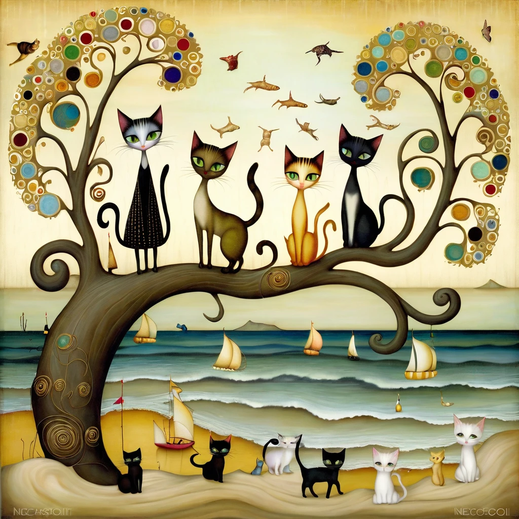 a beautiful patchwork of Some cats climbing the branches of a fallen tree. Seascape background, beach, sand castles. Warm colors. style Klimt, Nicoletta Ceccoli, Naoto Hattori, Lawrence Didier, Leonora Carrington