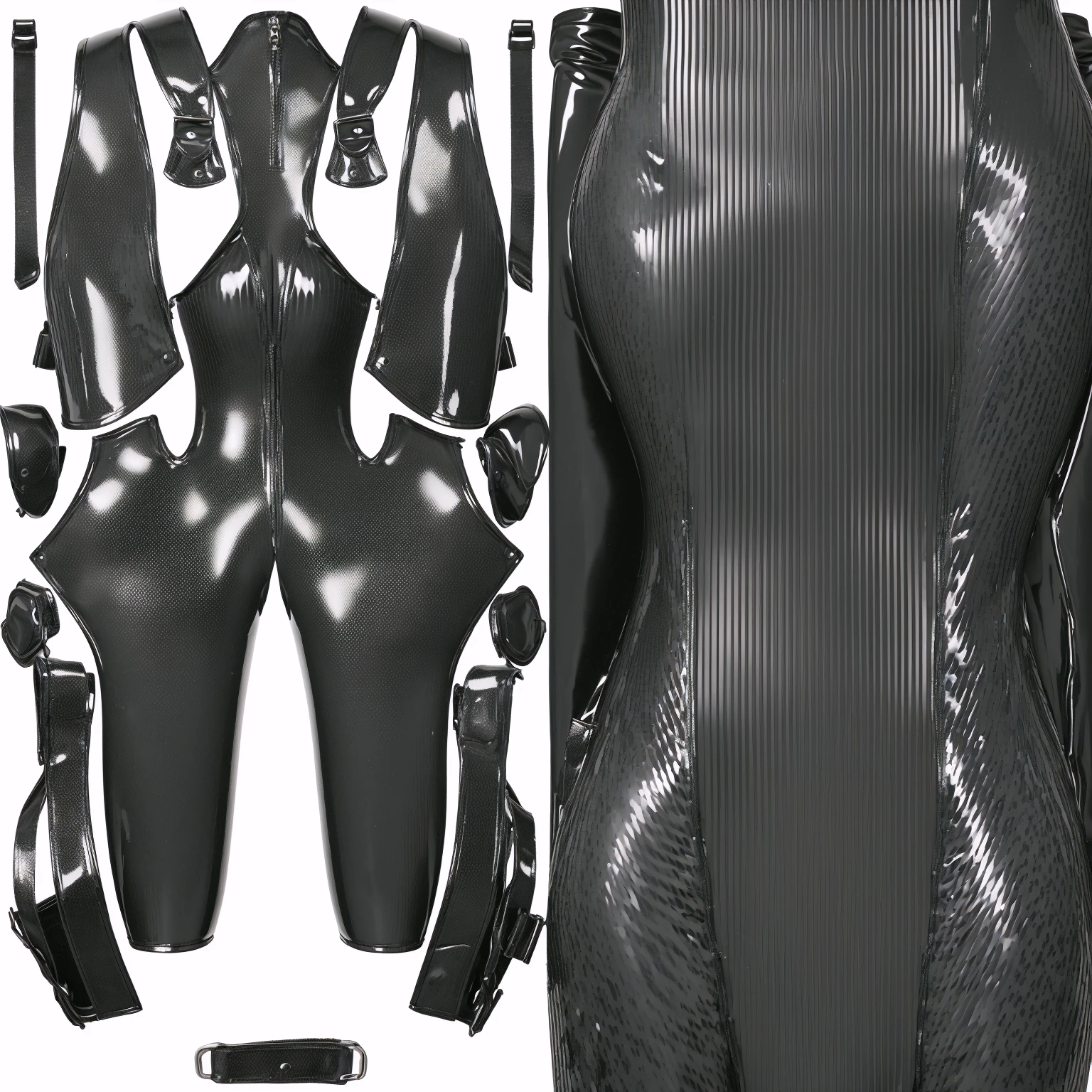 a close up of a black and white image of a latex body