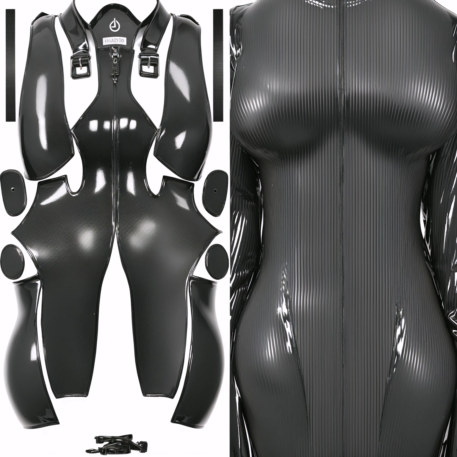 a close up of a black and white image of a latex body