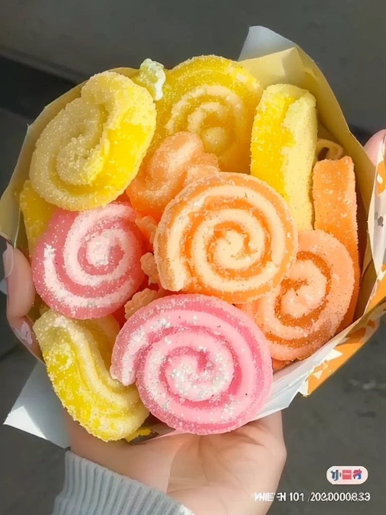 there is a person holding a bunch of candy in their hand, candy, candy, candy, swirls, smilinglys, smilingly, swirls, gummy candy, gumdrops, 👅 👅, candy worms, made of candy and lollypops, ❤🔥🍄🌪, candy colors, ทำจากsmilingly, made of candy