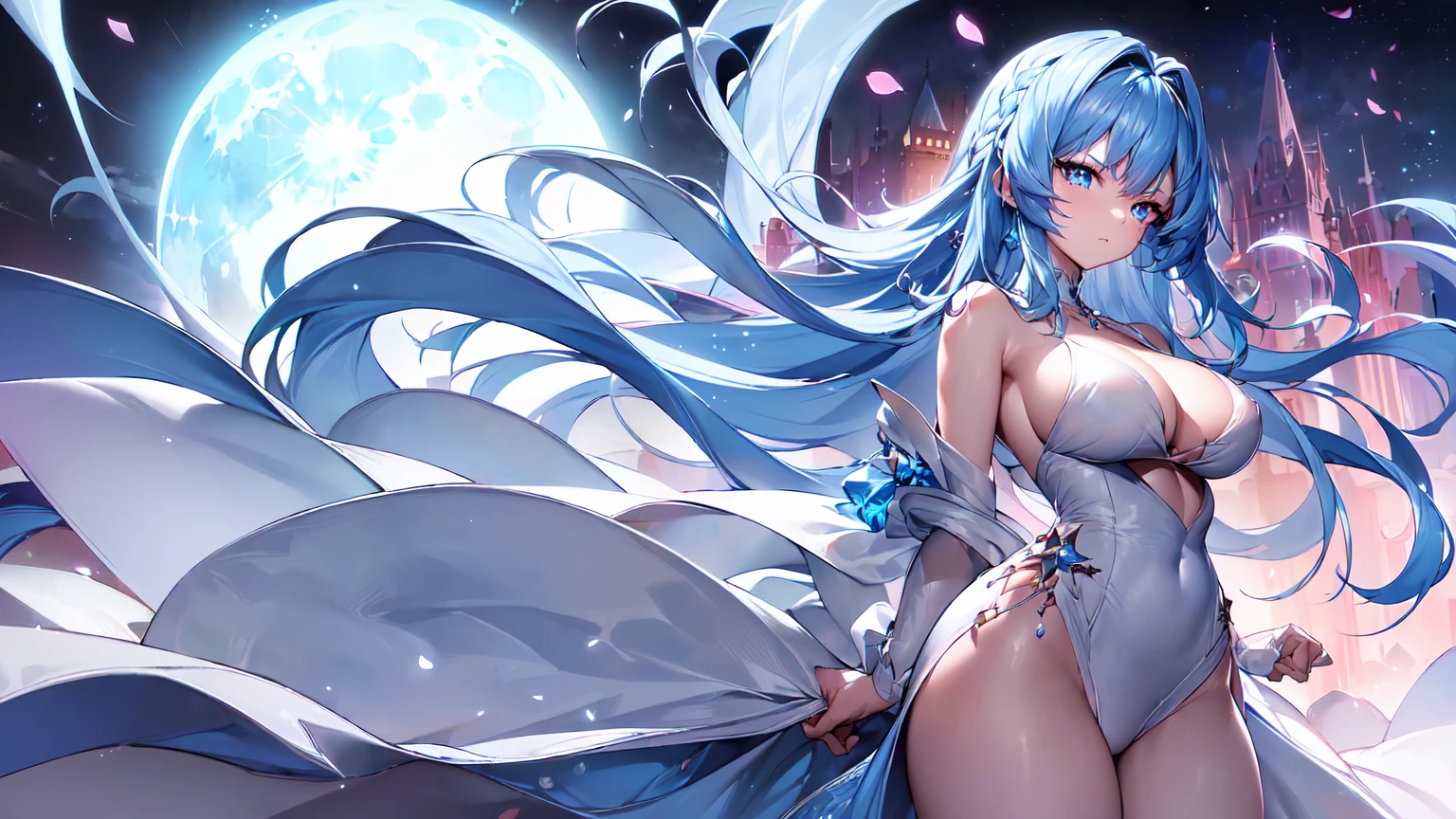 ((((Obra maestra, La mejor calidad, ultrahigh resolution)))), 1girl, standing,), ((long pure blue hair, hair over eye)), long hair cut, shiny skin, ((blue eyes)), glowing_eyes, neon eyes, (ultra detailed eyes:0.7, beautiful and detailed face, detailed eyes:0.9), ((centered)), smirk, facing viewer, ((vibrant background, dark lighting, summer, sunlight)), large chested, looking at viewer, ((half closed eyes)), ((perfect hands)), (((head:1, arms, hips in view, elbows, in view))), ((hands behind back)), empty eyes, beautiful lighting, ((outside, outdoors)), defined subject, head tilt, (((gritty)), ((creepy)), ((cool)), ((beautiful)), (((SFW))), hair ornament, petals in the air, moon in the sky, city, mature woman, adult woman, sfw, pink and white dress, night dress, she is a princess