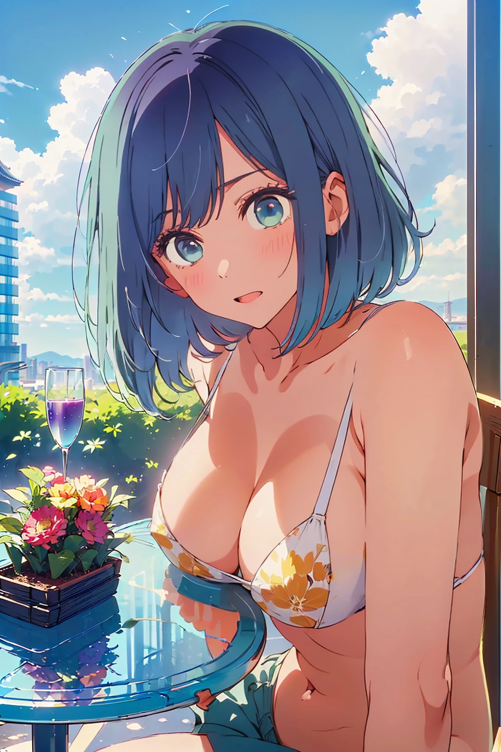 (Highest quality:1.4、masterpiece:1.4、Super detailed:1.4、Ultra-high resolution:1.4、8K:1.4)、F cup bust、Big Breasts、Slim body、((((1 person、Surprised expression、sit、Chair、In the background are the urban buildings of Tokyo、looking at the camera、Outdoor café terrace、coastal、juice、Shooting up close、Shooting from an angle、table、Very cute face))))、(Pose with hands tucked behind ears:1.4、Cheek resting on hand:1.4)、(((nude、very beautiful areola)))、bikini、Nipples、Very blue sky、A completely cloudless sky