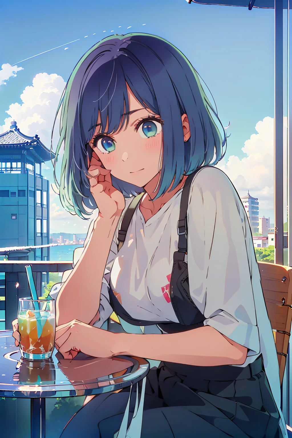 (Highest quality:1.4、masterpiece:1.4、Super detailed:1.4、Ultra-high resolution:1.4、8K:1.4)、F cup bust、Big Breasts、Slim body、((((1 person、Surprised expression、sit、Chair、In the background are the urban buildings of Tokyo、looking at the camera、Outdoor café terrace、coastal、juice、Shooting up close、Shooting from an angle、table、Very cute face))))、(Pose with hands tucked behind ears:1.4、Cheek resting on hand:1.4)、(((nude、very beautiful areola)))、bikini、Nipples、Very blue sky、A completely cloudless sky