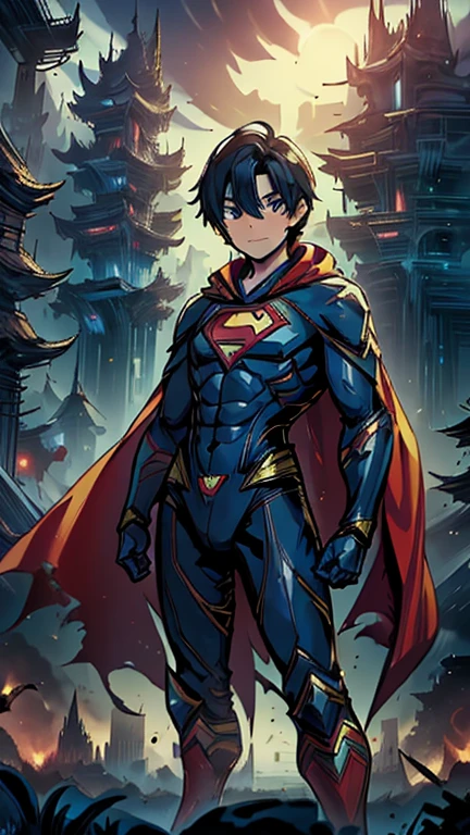 best quality,masterpiece,1boy,solo,(((13years old))),japanese boy,an extremely cute and handsome boy,highly detailed beautiful face and eyes,petit,cute face,lovely face,baby face,shy smile,show teeth, Black hair,Short hair,flat chest,skinny,slender,(((wearing a Fantasy style Superman costume,red cape))),(((standing in Dark Midnight Fantasy style metropolis city))),he is looking at the viewer,