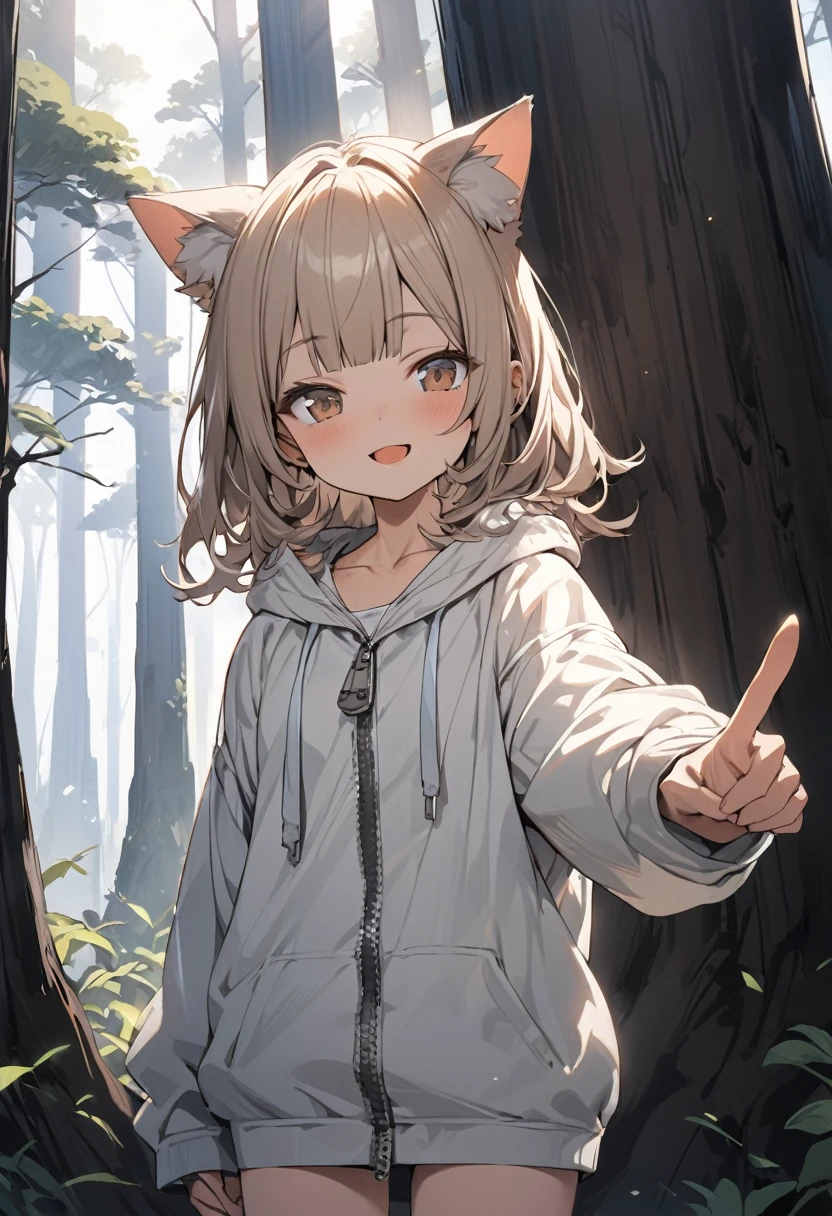 ((Masterpiece)), ((best quality)), (Anime:1.3), (super detail:1.2),(High Definition:1.3), (Professional Photography:1.2), (wide shot), (sharp focus), (perfect light), (()), profile, cowboy shot, (morning), messy medium hair, Beautiful collarbone, (cute hoodie with zipper), white tanktop, (Healthy slim body), (loose blunt bangs), Slender body, glossy skin, (nauthy smile), open mouth, ((Beautiful brown eyes)), Textured skin, (Cat ears), Pale brown hair, Cute Beautiful Girl, (slightly exposed small chest), BREAK, ((best quality)), pointing forward with hand, ((lean against a giant trees)), (sharp focus), perfect hands, (perfect light),