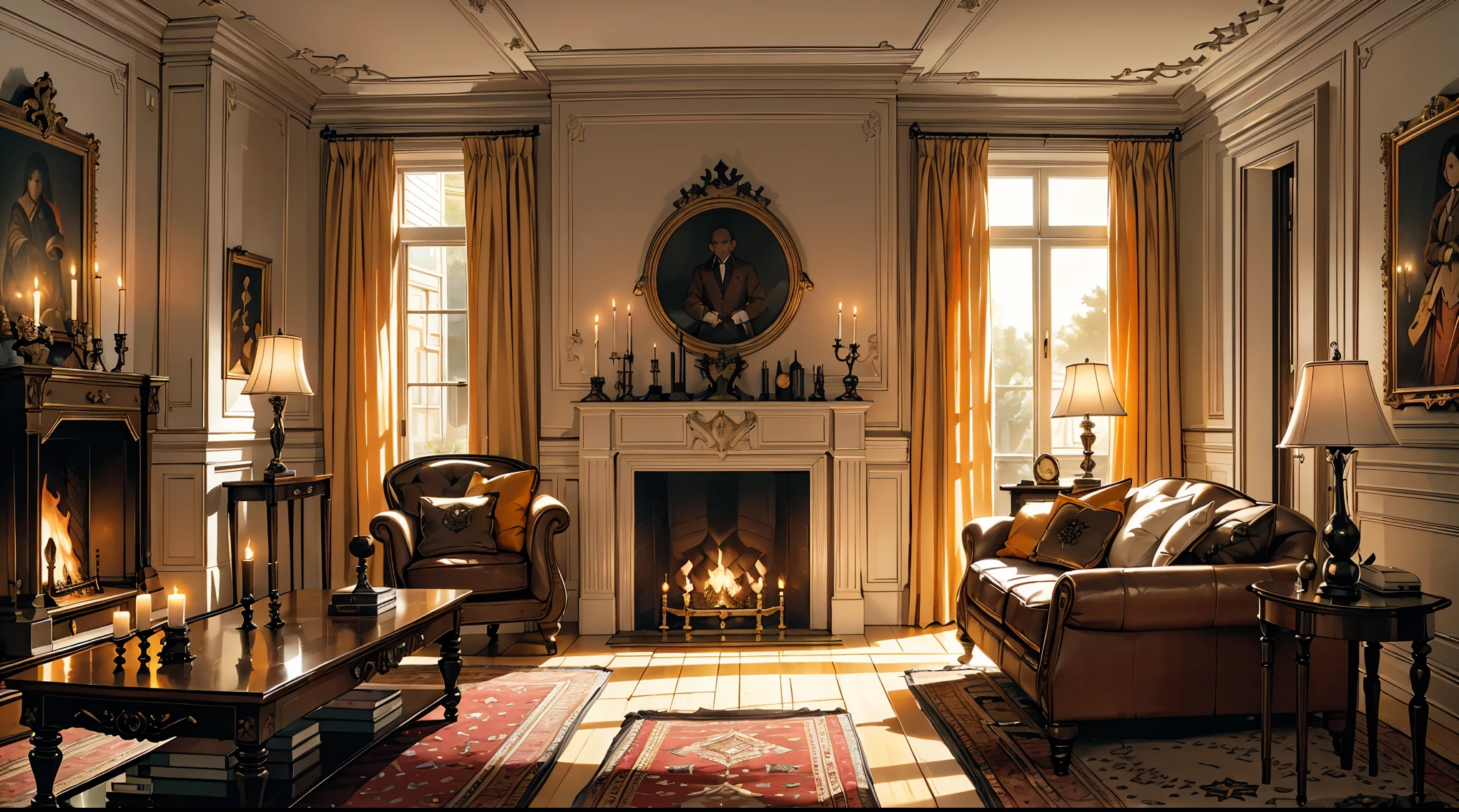 Interior, victorian Manor with reliquies, (((Nigth))), (((moonligth enters the living room))) soft pale orange palette, soft secundary exterior ligth