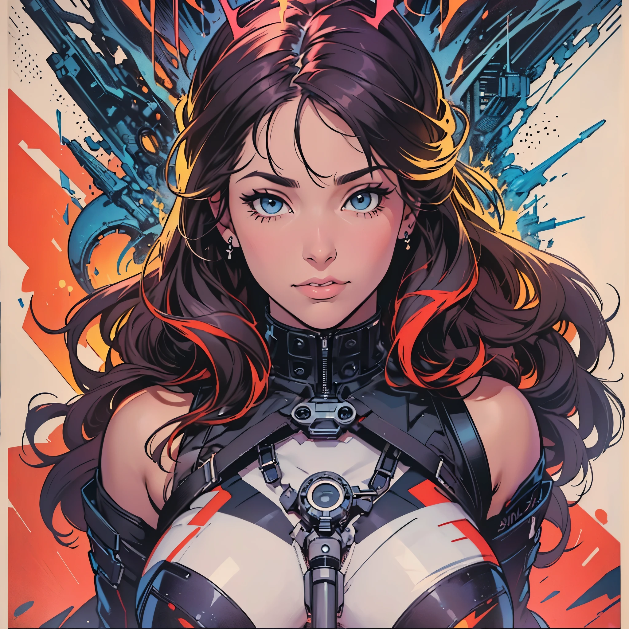 (((ultimate best quality))),((((solo:1.2)))),((((1girl:1.2)))),((((beautiful perfect woman)))),(((detailed perfect body, detailed perfect finger))),((((((ultimate movie poster)))))),(((bust up, close up))),((((detailed complicated machine)))),(((((genius mechanical))))),(((American comics))),(((extreme highlights))),(((Extremely colorful, primary colors))),cleavage, super beautiful lady,(((typography))),text