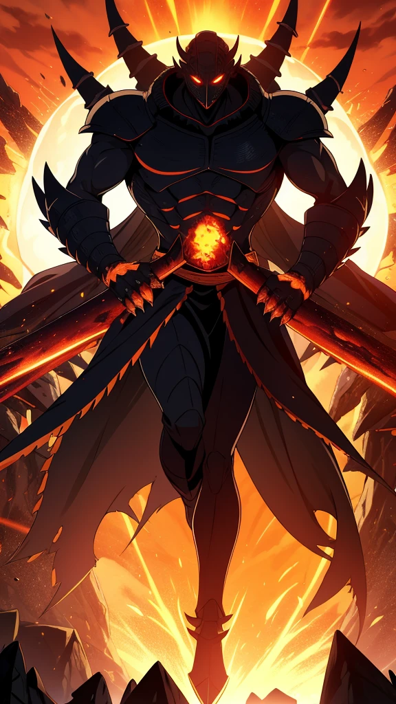 Original Kaiju form of a human, sharp, obsidian-like plates that overlap like armor, Elongated and somewhat reptilian head, with a pronounced crest of jagged obsidian spikes running from the forehead to the back of the neck. Four glowing, amber eyes are set deep in the skulls, arms with massive claws and blades, feet have three large, taloned toes, A long, whip-like tail ending in a mace-like cluster of obsidian spike, orange lines and aura in between armor. HD. city background destroyed