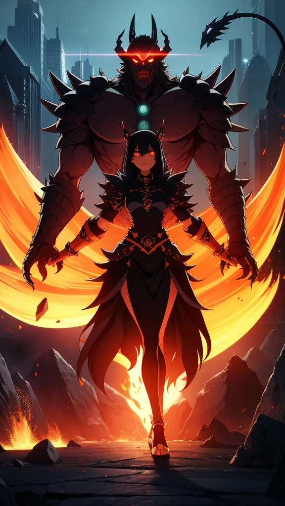 Original Kaiju form of a human, sharp, obsidian-like plates that overlap like armor, Elongated and somewhat reptilian head, with a pronounced crest of jagged obsidian spikes running from the forehead to the back of the neck. Four glowing, amber eyes are set deep in the skulls, arms with massive claws and blades, feet have three large, taloned toes, A long, whip-like tail ending in a mace-like cluster of obsidian spike, orange lines and aura in between armor. HD. city background destroyed
