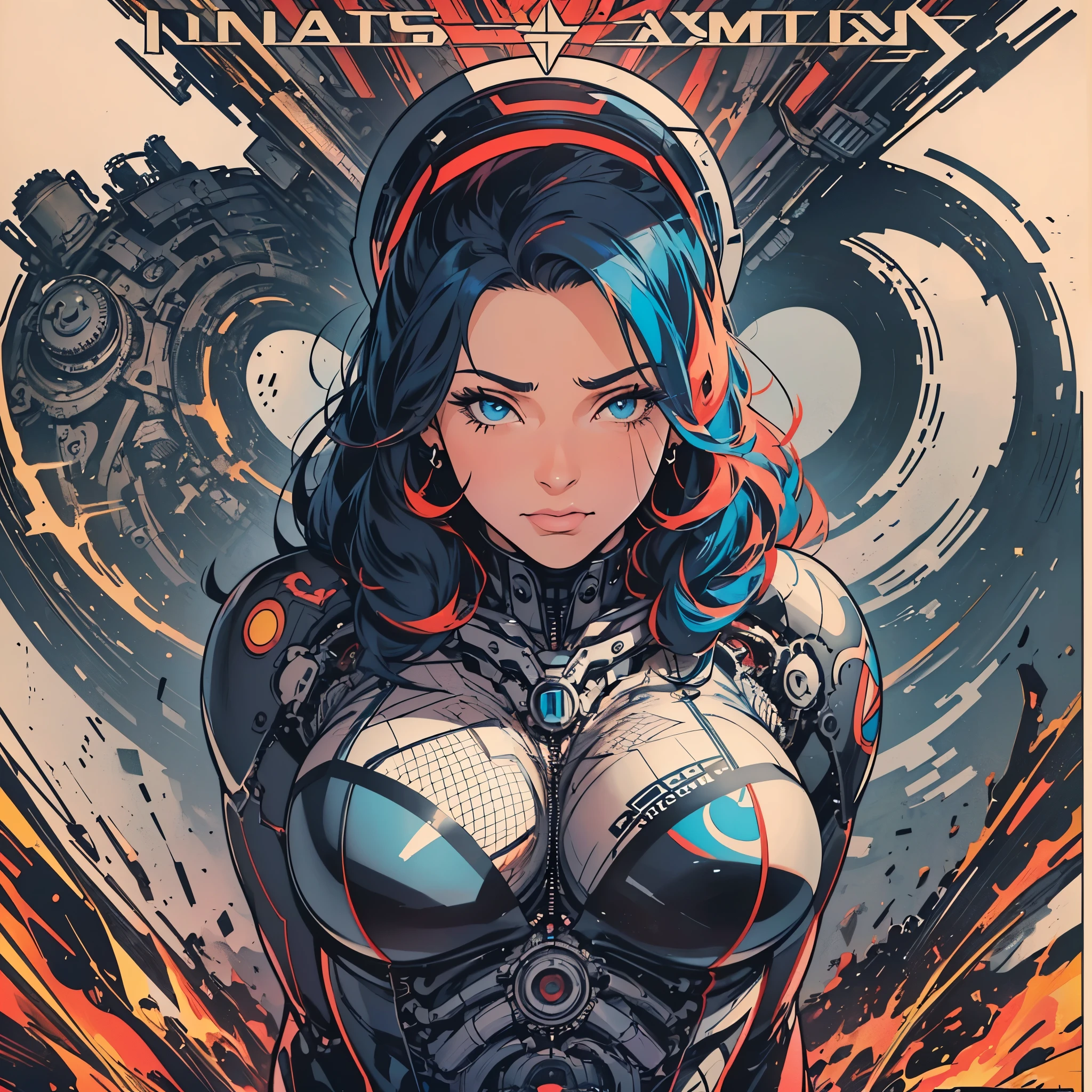 (((ultimate best quality))),((((solo:1.2)))),((((1girl:1.2)))),((((beautiful perfect woman)))),(((detailed perfect body, detailed perfect finger))),((((((ultimate movie poster)))))),(((bust up, close up))),((((detailed complicated machine)))),(((((genius mechanical))))),(((American comics))),(((extreme highlights))),(((Extremely colorful, primary colors))),cleavage, super beautiful lady,(((typography))),text