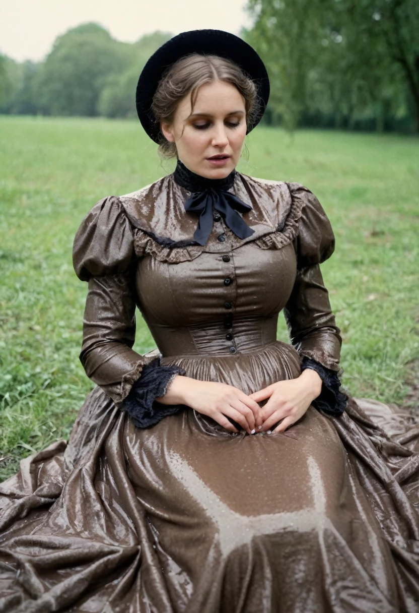 close-up, helpless shy ordinary pregnant woman, high waist covered in mud, flared (Victorian dress), deeply sitting on her back in the park, caught in a sexual fetish session, wet clothes, 19th century photo, deep focus, vintage film grain, color correction retro style, soft lighting, ((exposed butt in victorian costume))