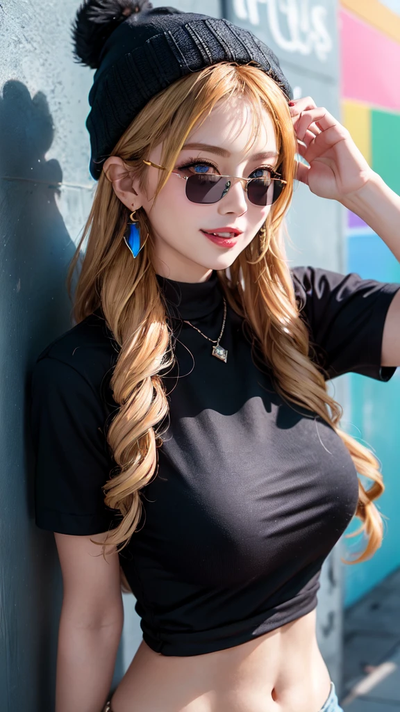 1 Girl，Sexy Mature，Long blonde hair，very long, Long Hair，blue eyes，Highly detailed face，Fine grain，Wearing a colorful brimless beanie hat，Big Breasts，Stylishly dressed，Black T-shirt，Statement Earrings、jewelry，Wear sunglasses，Full of smiles，Upper Body Shot，background：Colorful rainbow wall，nice，
