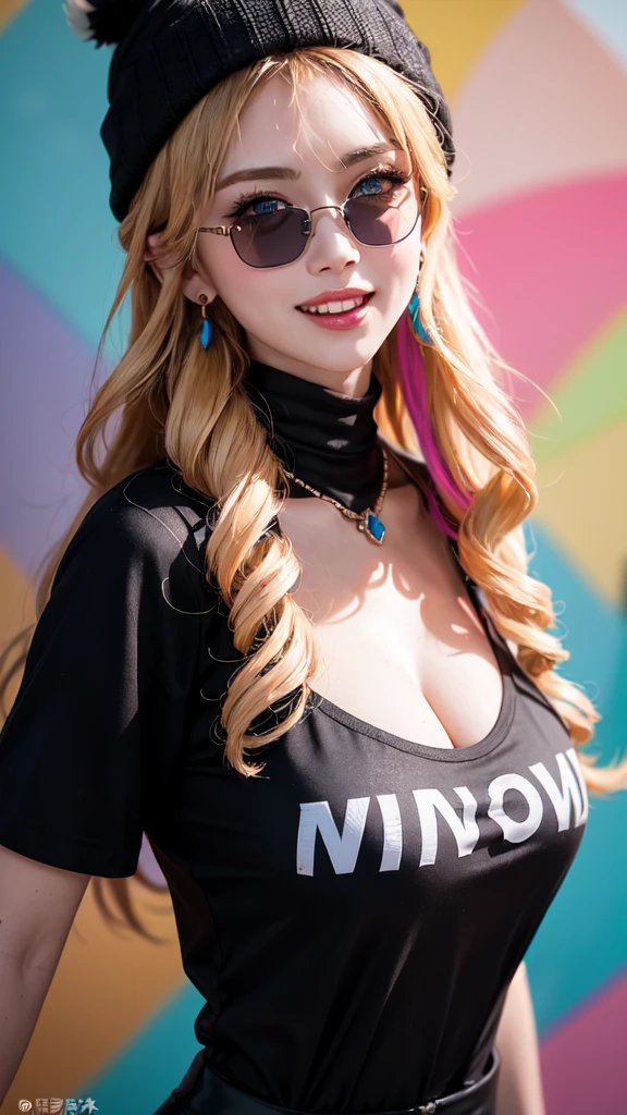 1 Girl,Sexy Mature,Long blonde hair,very long, Long Hair,blue eyes,Highly detailed face,Fine grain,Wearing a colorful brimless beanie hat,Big Breasts,Stylishly dressed,Black T-shirt,Statement Earrings、jewelry,Wear sunglasses,Full of smiles,Upper Body Shot,background:Colorful rainbow wall,nice,