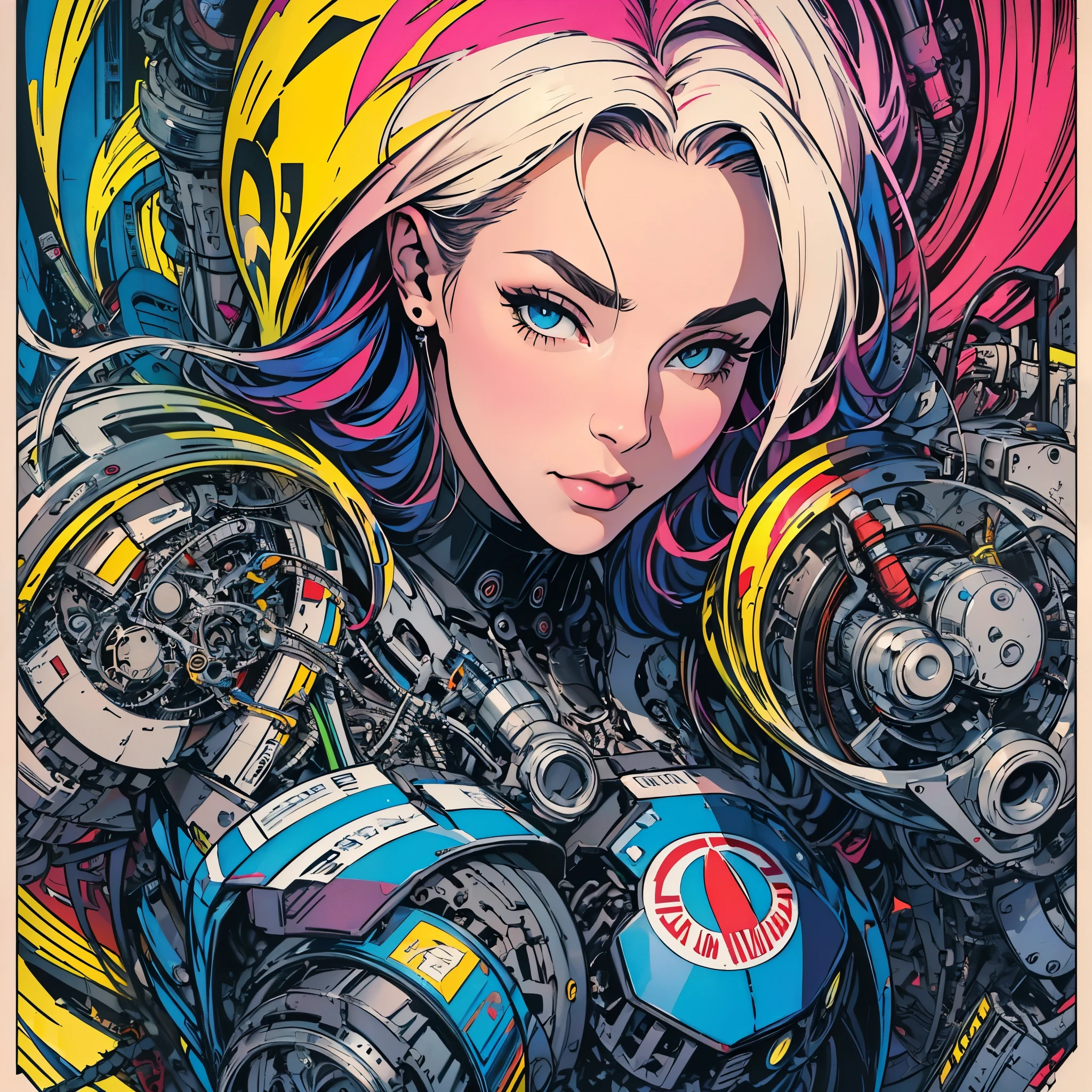 (((ultimate best quality))),((((solo:1.2)))),((((1girl:1.2)))),((((beautiful perfect woman)))),(((detailed perfect body, detailed perfect finger))),((((((ultimate movie poster)))))),(((bust up, close up))),((((detailed complicated machine)))),(((((genius mechanical))))),(((American comics))),(((extreme highlights))),(((Extremely colorful, primary colors))),cleavage, super beautiful lady,(((typography))),text