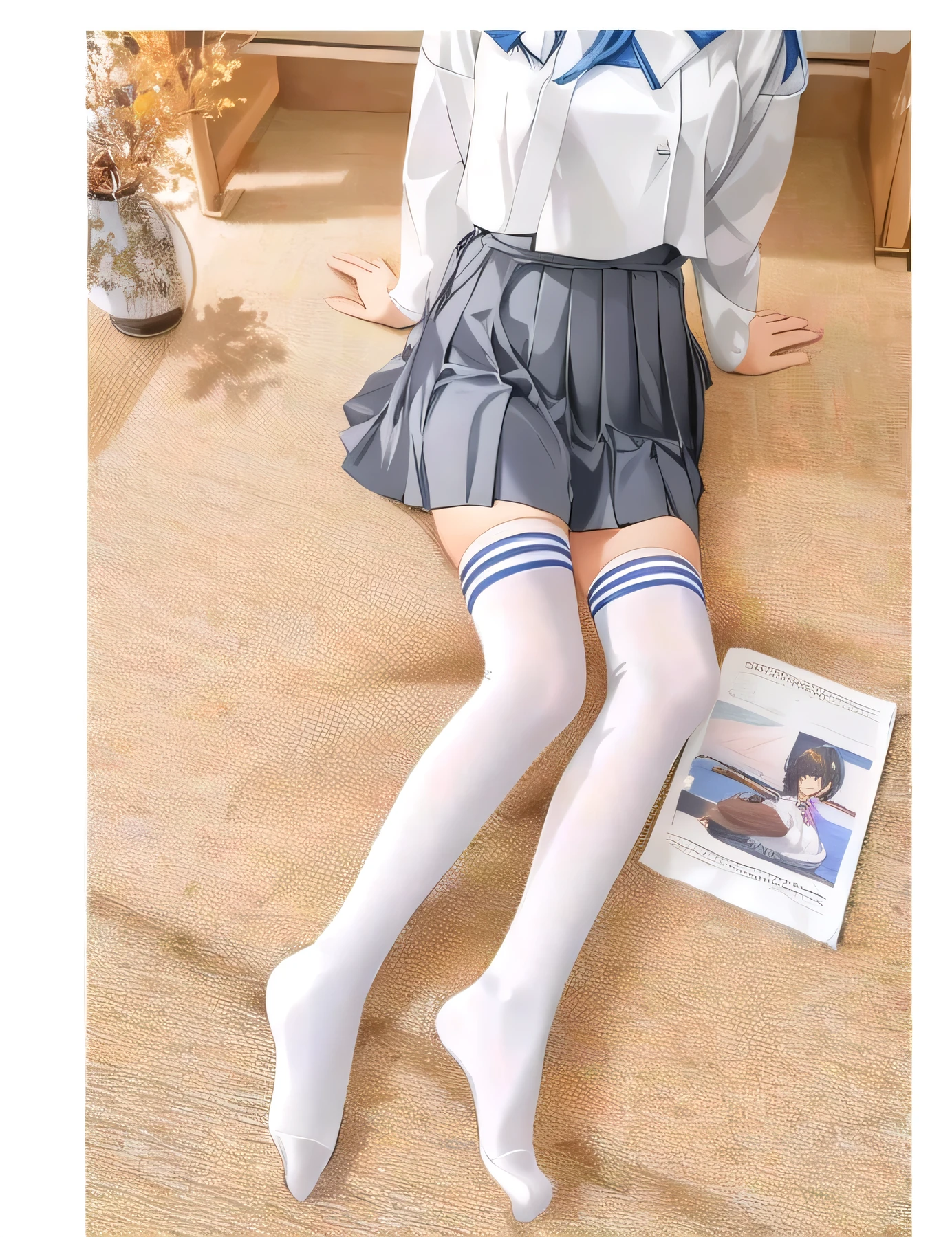 Arav woman in skirt and white shirt sitting on the floor, Knee socks, Knee socks, Knee socks, wearing skirt and high socks, Japanese girl school uniform, Japanese , White stockings, anime barbie in White stockings, 穿Knee socks, full length and white, Qingfu, High Leg Raise, 90 mm