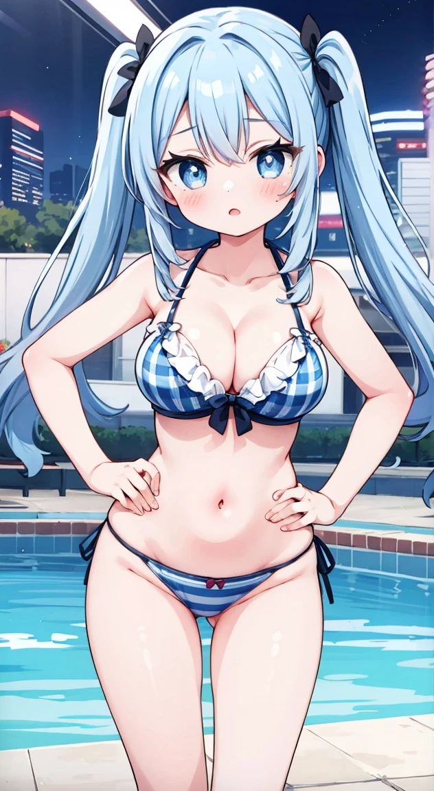 side tie panties,,masterpiece, highest quality, (anime screencap:1.3),(shape), cute,(simple:1), (anime:1.2),Solo Sharp Focus, 1 girl, cleavage,looking at the viewer, nighttime pools,Are standing,,(NSFW:1.2),Colorful bikini,pastel colour bikini,beautiful hair,Horizontal stripes,heart shaped pupils,plaid pattern bra, plaid pattern panties,Tropicaljuice,cute eyes,puffy eyes,hand on hip,Beaming face,large breasts,Twintail hair,