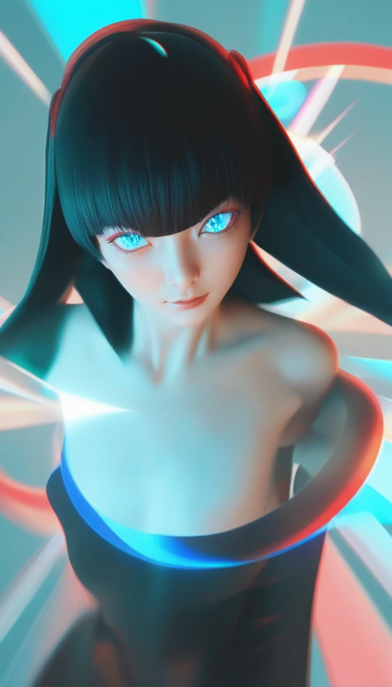 black hair, hair bobbles, longeyelashes, solid circle eyes, light smile, ccurate, symbol-shaped pupils, aqua eyes, gradient_eyes, Surrealism, drop shadow, anaglyph, stereogram, pov, atmospheric perspective, speed lines, sparkle, motion blur, god rays, Contemporary art, Cubist Futurism, Futurism, Verism, Hyperrealism, outside border, isometric, Canon, overexposure, 8k, super detail, best quality, 16k, 1080P, UHD, masterpiece, accurate, textured skin, anatomically correct, high details, high quality, highres, HD