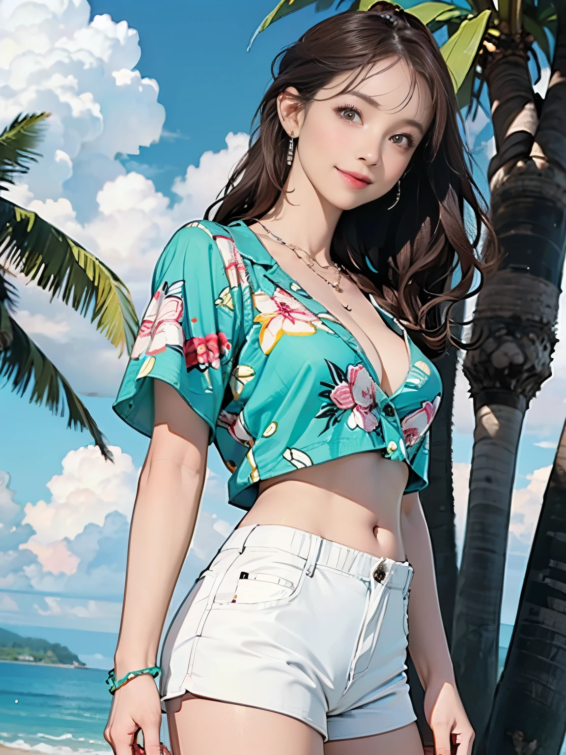 ((((Highest quality))))、(((Ultra-precision CG16K wallpaper)))、(((masterpiece)))、(((Super detailed)))、(((Extreme detail)))、((1Mature 29 year old woman:1.6))、((Very beautiful Japan face of a person))、((Urizane Face:1.8))、((Soft wavy ponytail medium hair:1.3))、(Shiny Hair)、A delicately drawn beautiful face、Dark Eyes、double eyelid、High nose、Small nostrils、Small Mouth、Seductive lips、Beautiful breasts、((C cup size breasts))、Cleavage、Small belly button、Beautiful feet、Thin thighs、eight-headed body、Perfect proportions、Perfect Anatomy、Perfect composition、Beautiful detailed shading、Beautiful, natural lighting、Beautiful detail glow、Depth of written boundary、(((High chroma)))、(((Real:1.9)))、((vivid:1.5))、((Beautiful Skin))、((Skin Texture))、((Realな皮膚感))、(((Cowboy Shot:1.6)))、(((front view、shoot from front、front low angle:1.6)))、(((smile:1.6)))、((looking at viewer:1.6))、Bright daylight、Natural light、(((Beach、Palm tree、cloud:1.5)))、(Gravure idol pose:1.6)、(((Mint green and white short-sleeved aloha shirt&Low rise yoga short pants:1.6)))、((Scrunchie Ribbon、necklace、Wearing earrings:1.5))、((Lace Stockings Clothed))、