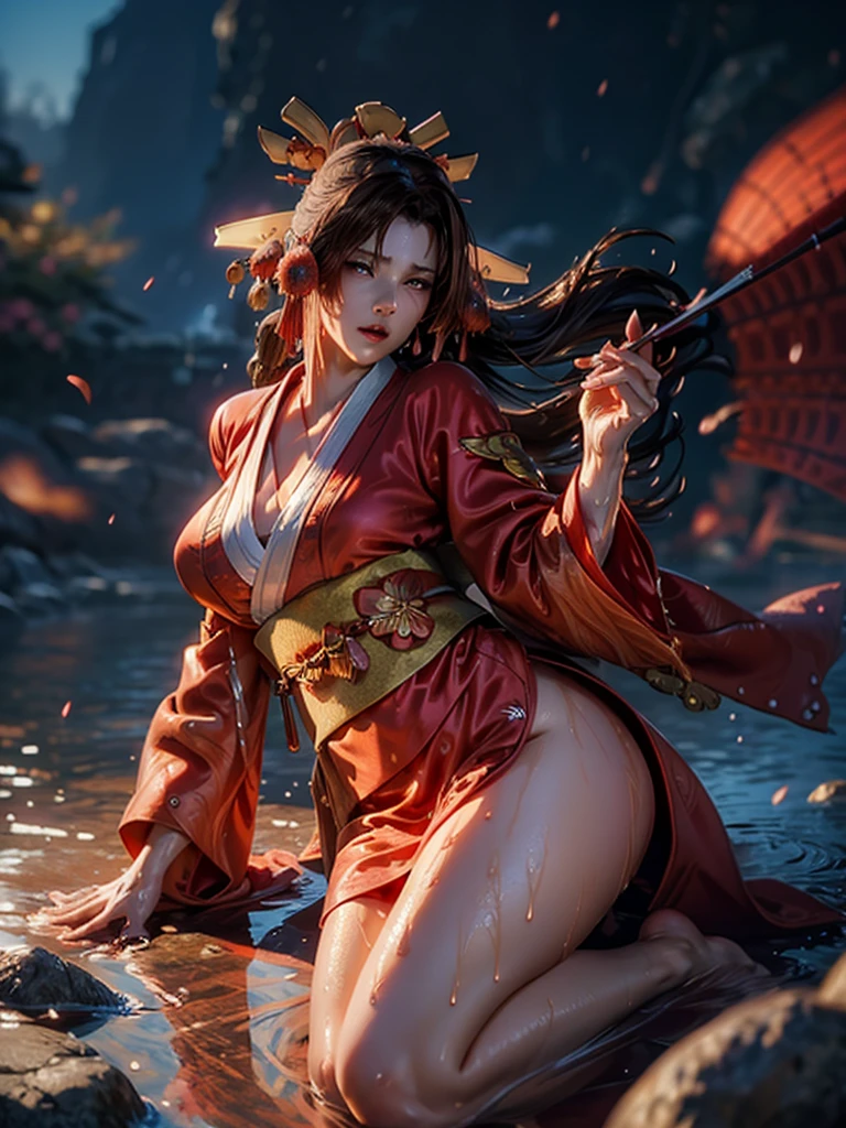 (exquisitely detailed CG unity 8k wallpaper, masterpiece-quality with stunning realism), (best illumination, best shadow), (best quality), (elegant style:1.2), Arti modern anime. angled view, heroic pose, midshot, (cel-shading style:1.3), centered image, ultra detailed closeup portrait of (Mai Shiranui:1) from (King of Fighters), best quality, expressive eyes, perfect face, highres, (ultra details), 1 girl, solo, (brown hair:1), hair ornament, eyeshadow, (gold, white and mainly red qipao:1), highly ornamented, (in Tokyo City:1), portrait, looking at the viewer, piercing eyes, full body, (light from the angle:1) (wind blowing:1.2).(depth of field effects:1.3) (motion action:1.2) (closeup:1.2) (motion blur effects:1), spreading feet, Thin to transparent,see-through, (((Soggy-kimono:1.2))),Lace fabric, (((water-immersed body: 0.9))), jewellery, (lying down:1) (holding an oriental fan on fire:1.1), (hands down:1), (asian face:1), nail polish, makeup