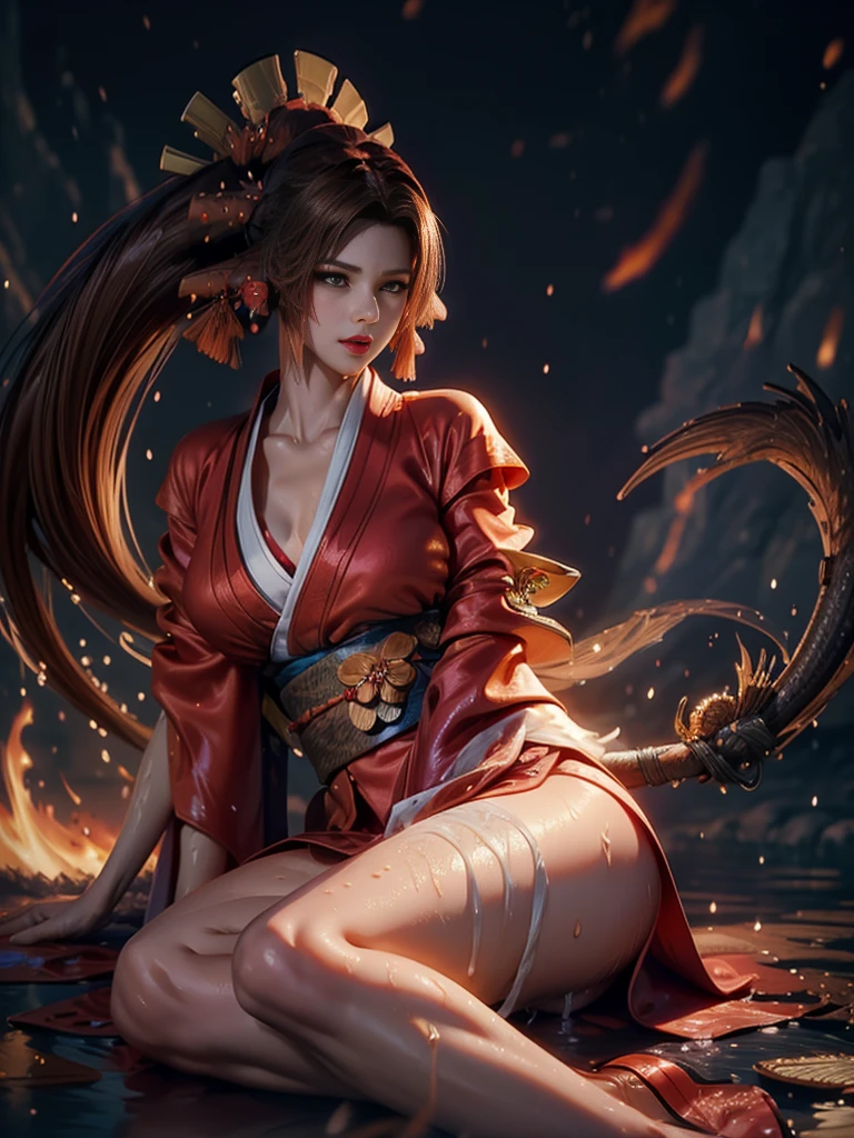 (exquisitely detailed CG unity 8k wallpaper, masterpiece-quality with stunning realism), (best illumination, best shadow), (best quality), (elegant style:1.2), Arti modern anime. angled view, heroic pose, midshot, (cel-shading style:1.3), centered image, ultra detailed closeup portrait of (Mai Shiranui:1) from (King of Fighters), best quality, expressive eyes, perfect face, highres, (ultra details), 1 girl, solo, (brown hair:1), hair ornament, eyeshadow, (gold, white and mainly red qipao:1), highly ornamented, (in Tokyo City:1), portrait, looking at the viewer, piercing eyes, full body, (light from the angle:1) (wind blowing:1.2).(depth of field effects:1.3) (motion action:1.2) (closeup:1.2) (motion blur effects:1), spreading feet, Thin to transparent,see-through, (((Soggy-kimono:1.2))),Lace fabric, (((water-immersed body: 0.9))), jewellery, (lying down:1) (holding an oriental fan on fire:1.1), (hands down:1), (asian face:1), nail polish, makeup