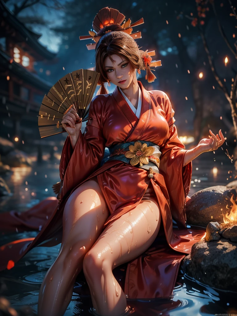 (exquisitely detailed CG unity 8k wallpaper, masterpiece-quality with stunning realism), (best illumination, best shadow), (best quality), (elegant style:1.2), Arti modern anime. angled view, heroic pose, midshot, (cel-shading style:1.3), centered image, ultra detailed closeup portrait of (Mai Shiranui:1) from (King of Fighters), best quality, expressive eyes, perfect face, highres, (ultra details), 1 girl, solo, (brown hair:1), hair ornament, eyeshadow, (gold, white and mainly red qipao:1), highly ornamented, (in Tokyo City:1), portrait, looking at the viewer, piercing eyes, full body, (light from the angle:1) (wind blowing:1.2).(depth of field effects:1.3) (motion action:1.2) (closeup:1.2) (motion blur effects:1), spreading feet, Thin to transparent,see-through, (((Soggy-kimono:1.2))),Lace fabric, (((water-immersed body: 0.9))), jewellery, (lying down:1) (holding an oriental fan on fire:1.1), (hands down:1), (asian face:1), nail polish, makeup 