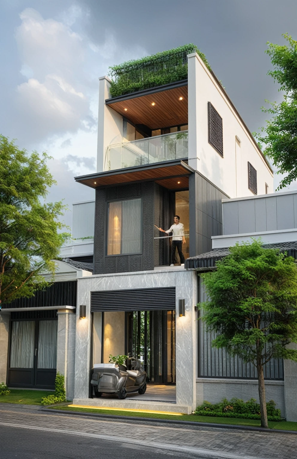 modern villa on street, (overcast lighting:1.2), tropical tree, vivid color, streetcapes, nice sky, grey and wwhite tone, (large glass door:1.2), warm interior lighting, modern material, best quality, ultra realistic, masterpiece, 17ArchiAI_XL_VL-v1
