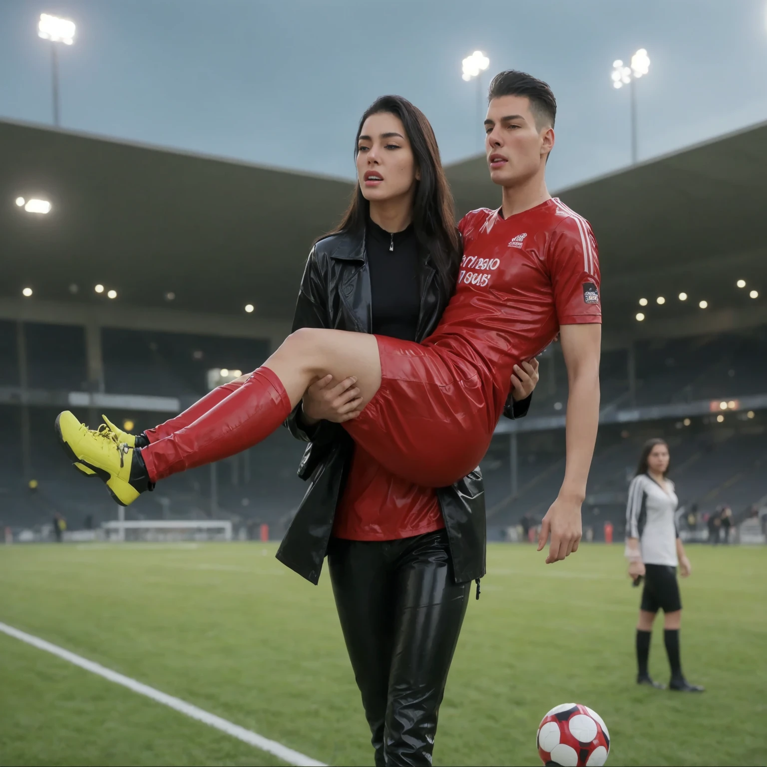 rainy weather, rainfall, humid, girl carries guy, lift and carry, an excessively madeup latino-girl in a high-shine wet black latex downcoat, a young madeup latino-girl in a shiny black vinyl downjacket, a madeup latino-girl in a shiny plastic-downcoat, a very sad and desperately crying latino-girl, an intensely madeup latino-girl in a glossy black vinyl-downcoat, latino-girl with lipstick, latino-girl with smoky eyes, dramatic action pose, woman that is carrying a skinny shorthaired man, there is a beautiful woman in a shiny coat who is carrying a shorthaired blond man in her arms, a longhaired beautiful woman in a high-shine black puffy coat, a longhaired woman in a shiny downcoat, a woman is carrying a shorthaired man who is wearing black shorts, a weak shorthaired man in black shorts is consciousless and needs to be carried, a shorthaired man with closed eyes is carried in the arms of a longhaired latino-woman, a latino-woman looks very scared and terrified, a consciousless shorthaired man with closed eyes is suffering very much and has a very painful face, photo, photo shoot, photographed, arafed man being carried by a woman on a plane, very realistic, very very realistic, hyper-realistic, hyper - realistic, hyper realistic, jacket over bare torso, very disturbing, very hyperrealistic, tom cruise torso, super realistic, hyperrealistic!, extremely realistic, very very very realistic, super-realistic