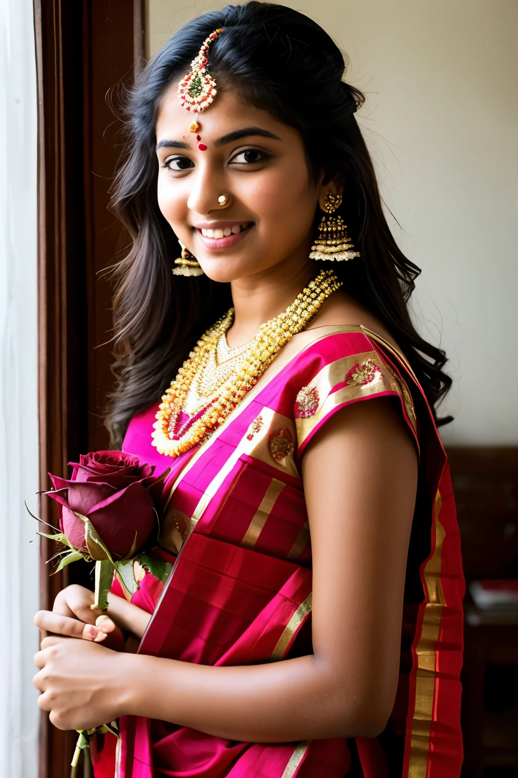 Indian traditional girl having rose flowers.