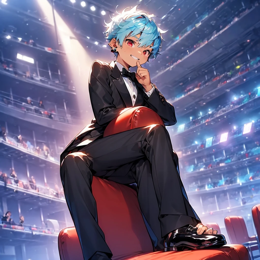 (solo:2.5), (boldline:-1.7), (put index finger on mouth:1.5), (floating musical notes:1.5), (sitting on red chair:1.5), (((fang))), (((best finger))), BREAK (best quality:1.5), (absolutely resolution:1.5), (ultra detailed:1.5), (masterpiece:1.5), (perfect face), (detailed face), (detailed eyes), (best eyes), (cute face), (shota:2), BREAK (tuxedo:1.5), (bulge:1.6), (skinny:1.3), BREAK (light blue hair:1.5), (spiked hair), (wine red eyes:1.4), (eyes with highlight:1.6), ((mole under eye)), (sweaty skin), (grin:1.5), ((earrings)), (shiny skin:1.3), BREAK (concert hall:1.5), (spot light:1.3), (at concert), (many people), ((wind blowing)), frow below,