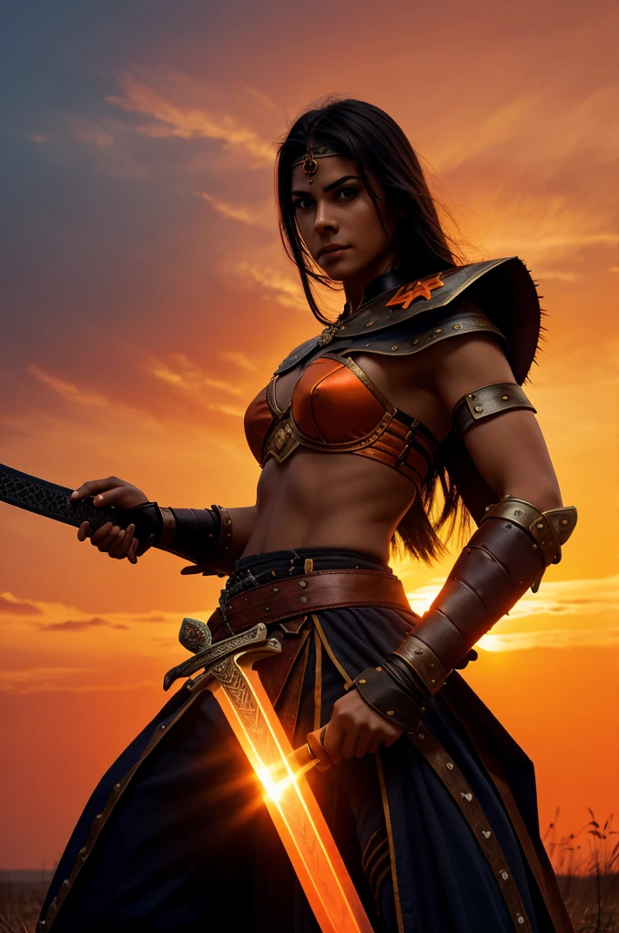 Generate me as a warrior holding a sword in my right hand and defence mechanisms in my left hand with orange background having sunset