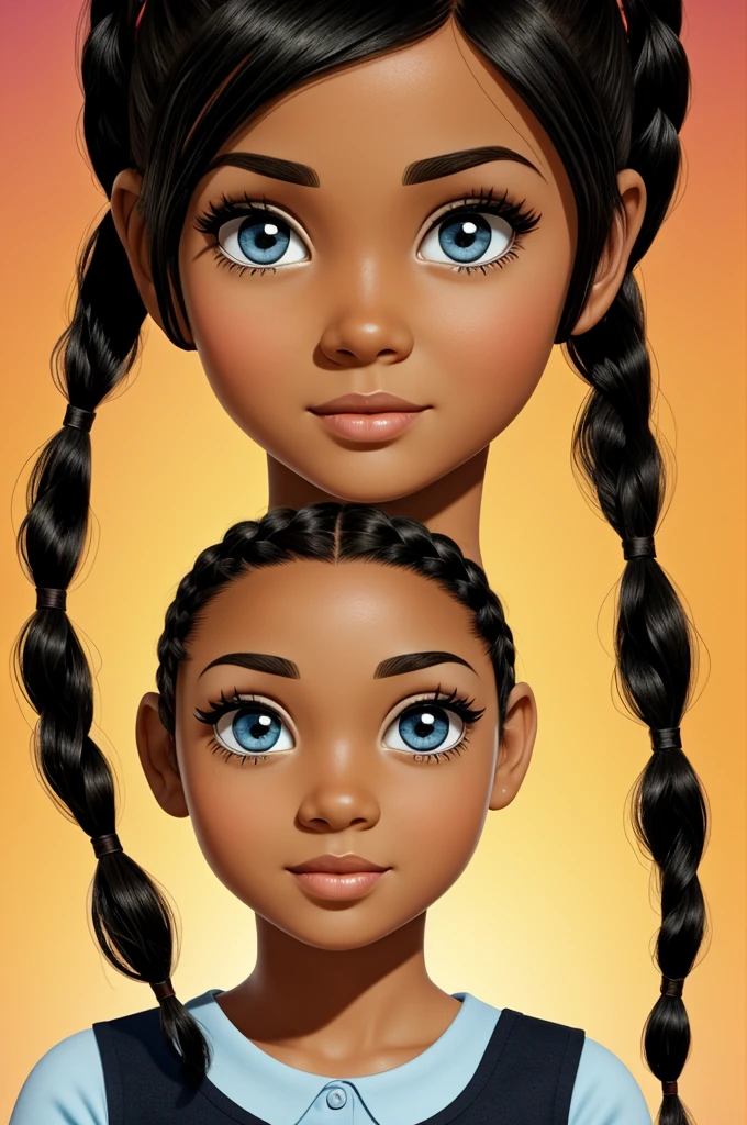 Cartoon image of a girl with big eyes Two side braids, black hair
