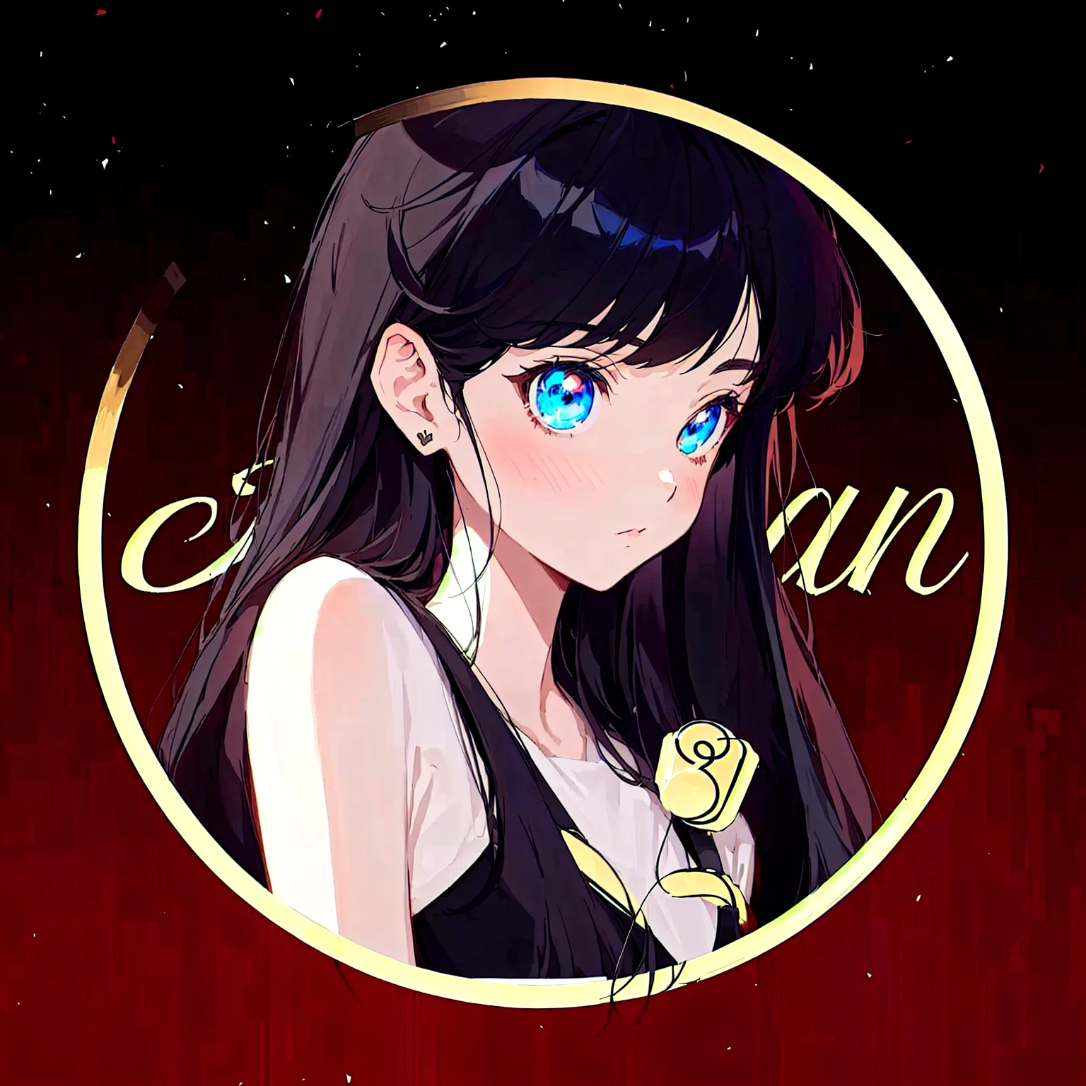 Anime Girl with long black hair and blue eyes in a circle, Anime style, I will also draw the fan, high quality Anime art style, Anime style, Clean art style, (Anime Girl), Beauvot Art Style, Official Fanart, Anime art style, Anime art style, Cute girl anime visual