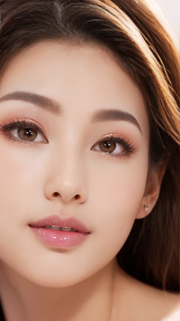 (8K, High resolution, High resolution), ((((photograph, RAWphotograph, Hyperrealism, masterpiece, Highest quality, ultra High resolution)))), (Pin Light, Backlight, Backlight, Cinematic Light), Sharp focus:1. 4, (Hyper Detail, In detail), Photographed from the front,20-year-old、1 person, Small face, Big beautiful cat-like eyes, Cute Button Nose, Small and fairly full lips, Thick eyebrows and long, beautiful eyelashes. Transparent throughout makeup, Apply a touch of pink to your cheeks、Dark eyeliner,Deep red lip gloss that sparkles and shines. Her hairstyle is short, wavy blonde hair.