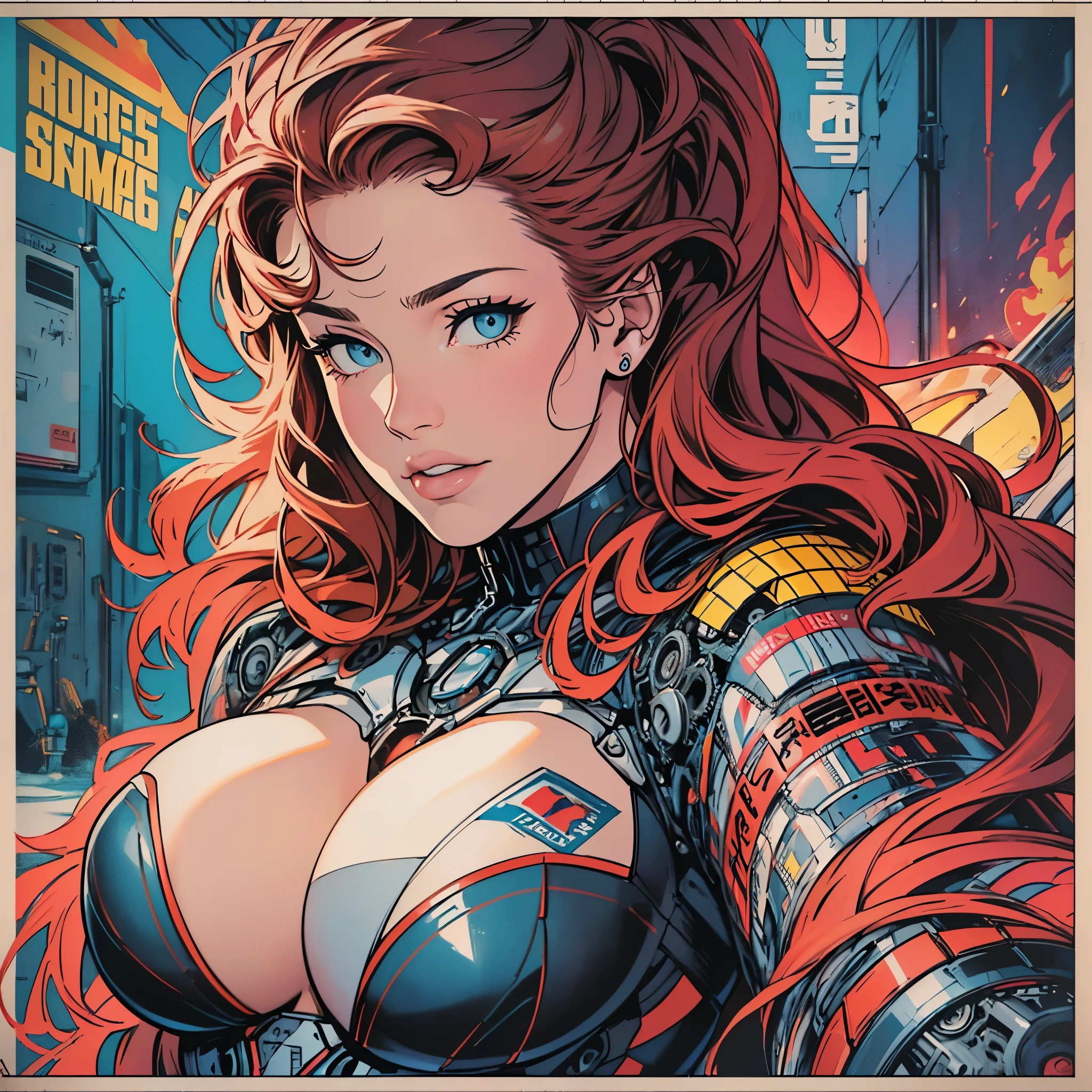 (((ultimate best quality))),((((solo:1.2)))),((((1girl:1.2)))),((((beautiful perfect woman)))),(((detailed perfect body, detailed perfect finger))),((((((ultimate movie poster)))))),(((bust up, close up))),((((detailed complicated machine)))),(((((genius mechanical))))),(((American comics))),(((extreme highlights))),(((Extremely colorful, primary colors))),cleavage, super beautiful lady,(((typography))),text