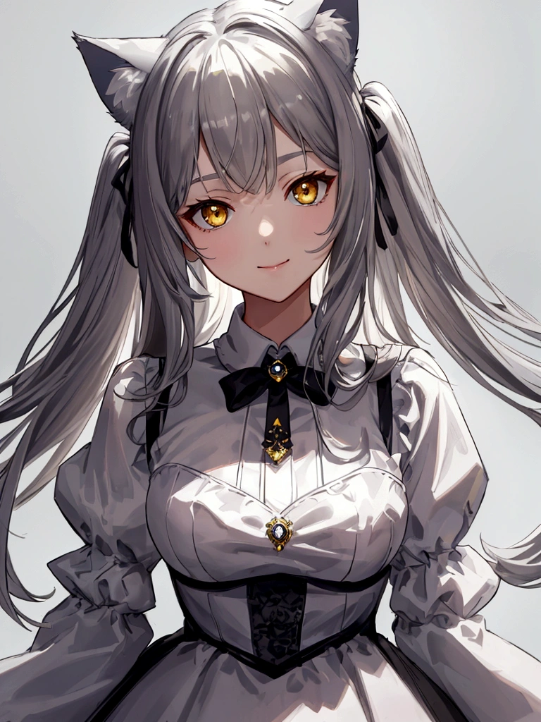 ((masterpiece)), ((best quality)), (from front:1.3), (close-up:1.3), (half-body shot:1.36), perfect anatomy, 1girl, solo, cat girl, gray hair, yellow eyes, gray cat ears, gray fluffy cat tail, basic white dress, standing straight, weak smile, lighting from front, looking at viewers, facing sideways