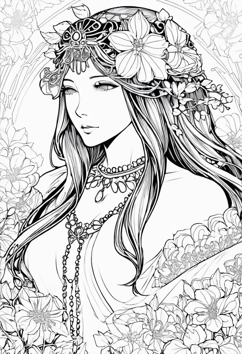white and black Flowers and goddess with a white background, ploynesian, garden, art for coloring book page, full white background, only use outline, line art, clean line art, mandala for coloring with nature ornaments, simple and clean line art, adorned in Art Nouveau style, with a stroke of Alfons Mucha's brush, perfect details, real