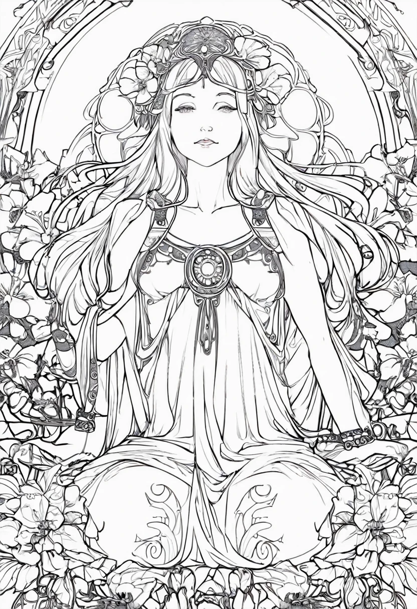 white and black Flowers and goddess with a white background, ploynesian, garden, art for coloring book page, full white background, only use outline, line art, clean line art, mandala for coloring with nature ornaments, simple and clean line art, adorned in Art Nouveau style, with a stroke of Alfons Mucha's brush, perfect details, real
