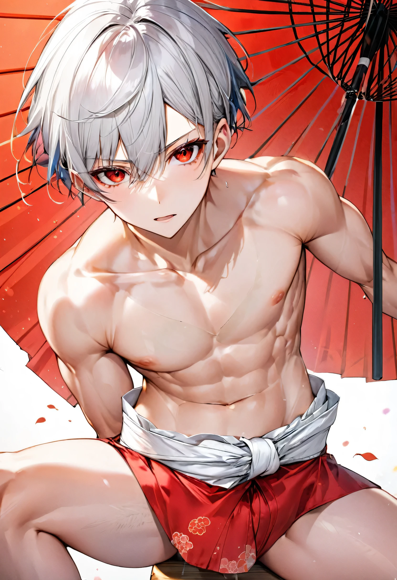 (japanese festival style) (16 yo, solo crew cut silver hair very short hair divine fighter boy, detailed cool red eyes, serious face, flat chest), (in a japanese fundoshi:1.8), break, (in the Hakata Yamakasa), BREAK, perfect anatomy, masterpiece, best quality, 16k, beautiful detailed grow, daydreaming expression.