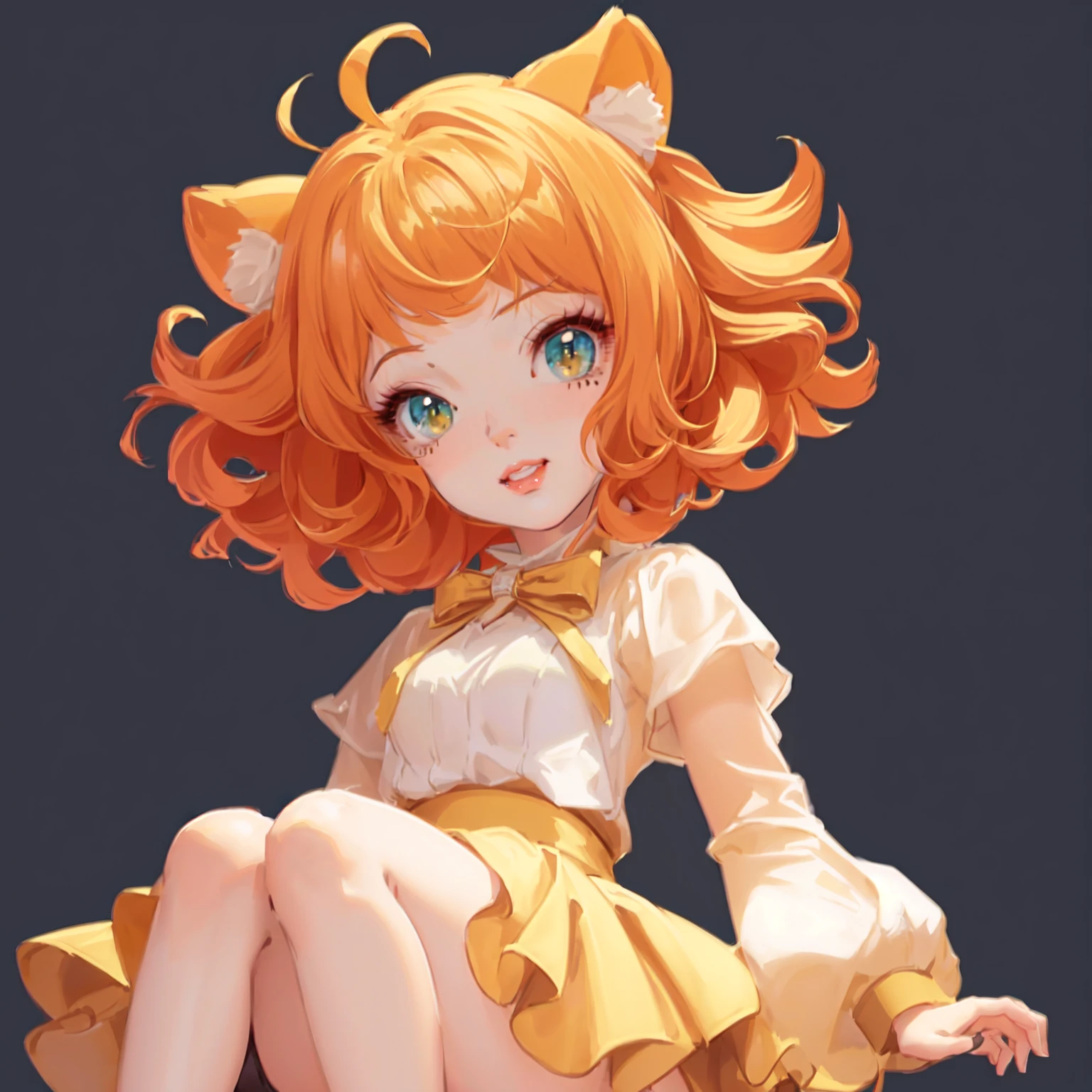 Anime girl with orange hair and cat ears sitting on a stool, Cute anime catwoman, Stylized anime, April Rendering, 8K high quality detailed art, Anime style. 8K, Produced in collaboration with Anime Painter Studio, Rendering a cute 3D anime girl, Beautiful anime catwoman, In the anime painter studio, High-quality anime art style