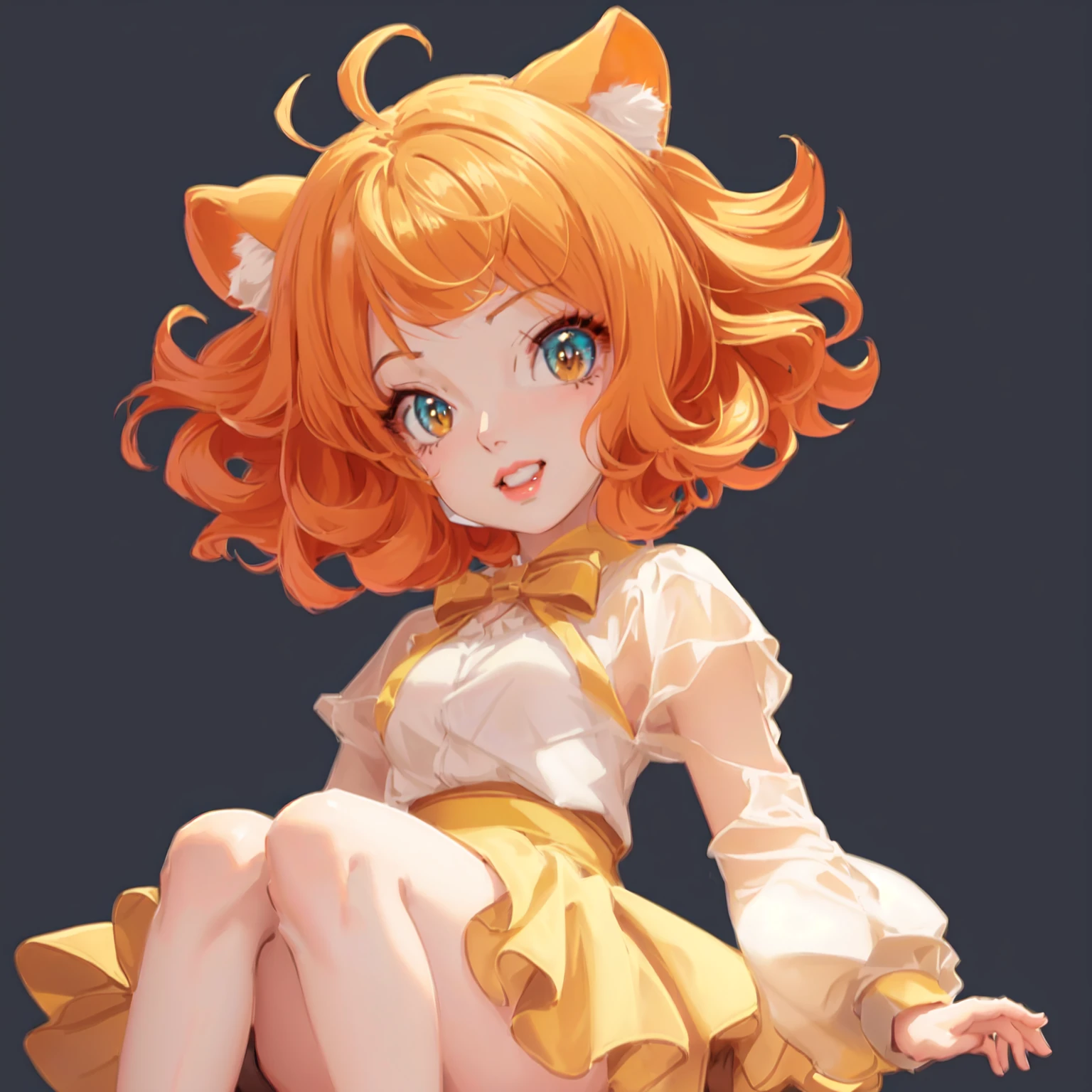 Anime girl with orange hair and cat ears sitting on a stool, Cute anime catwoman, Stylized anime, April Rendering, 8K high quality detailed art, Anime style. 8K, Produced in collaboration with Anime Painter Studio, Rendering a cute 3D anime girl, Beautiful anime catwoman, In the anime painter studio, High-quality anime art style