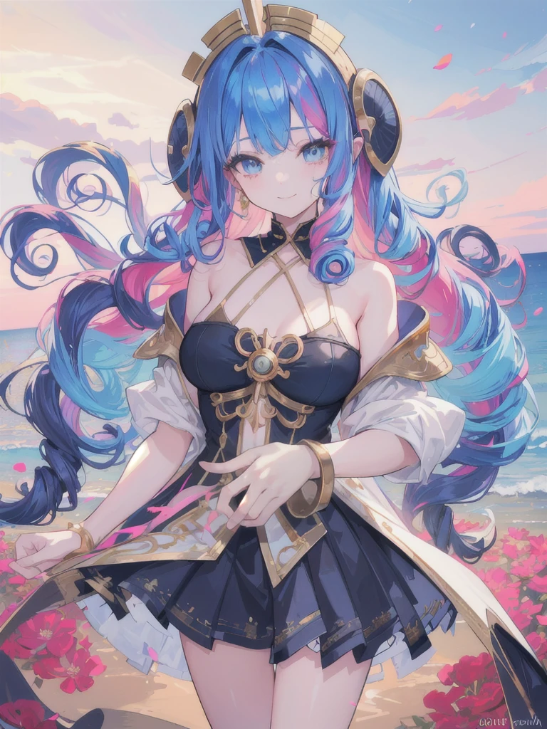 1 girl, (iridescent hair, colorful hair, half blue and half pink hair: 1.2), 17 years old, blue_sky, holding a magic wand, summer (season), petals_on_liquid, black cloak with hood, red and black torn dress, skirt: 1.2, (gold long curly hair: 1.5), sky, outdoor, clouds, bangs, smile, sky blue eyes, bare shoulders, perfect hands, Hand details, repaired fingers. Earrings, sea + background, looking_at_viewer, cowboy shot, top quality, rich detail, perfect image quality, sunrise