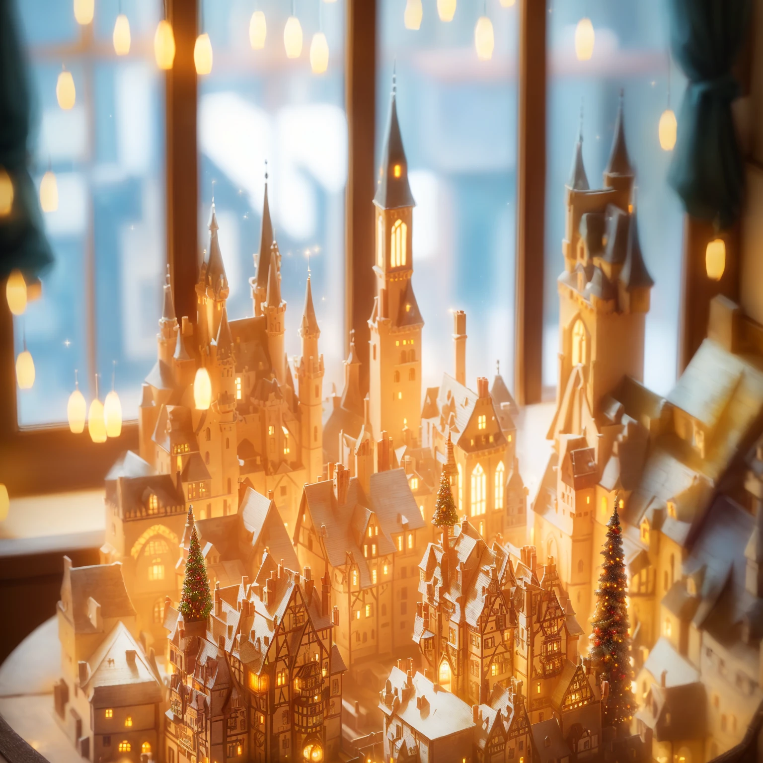 There is a small model of a castle with candles., Sunlight and capricious house, Miniature cities, Beautifully illuminated building, Magical Village, Realistic photos of the town, Brightly lit, Pilgrim Village setting, Made of sparkling wax and ceramic, Holiday season, A bustling magical town, Illuminate brightly, Magical Scene, The light is on in the window, With glowing window