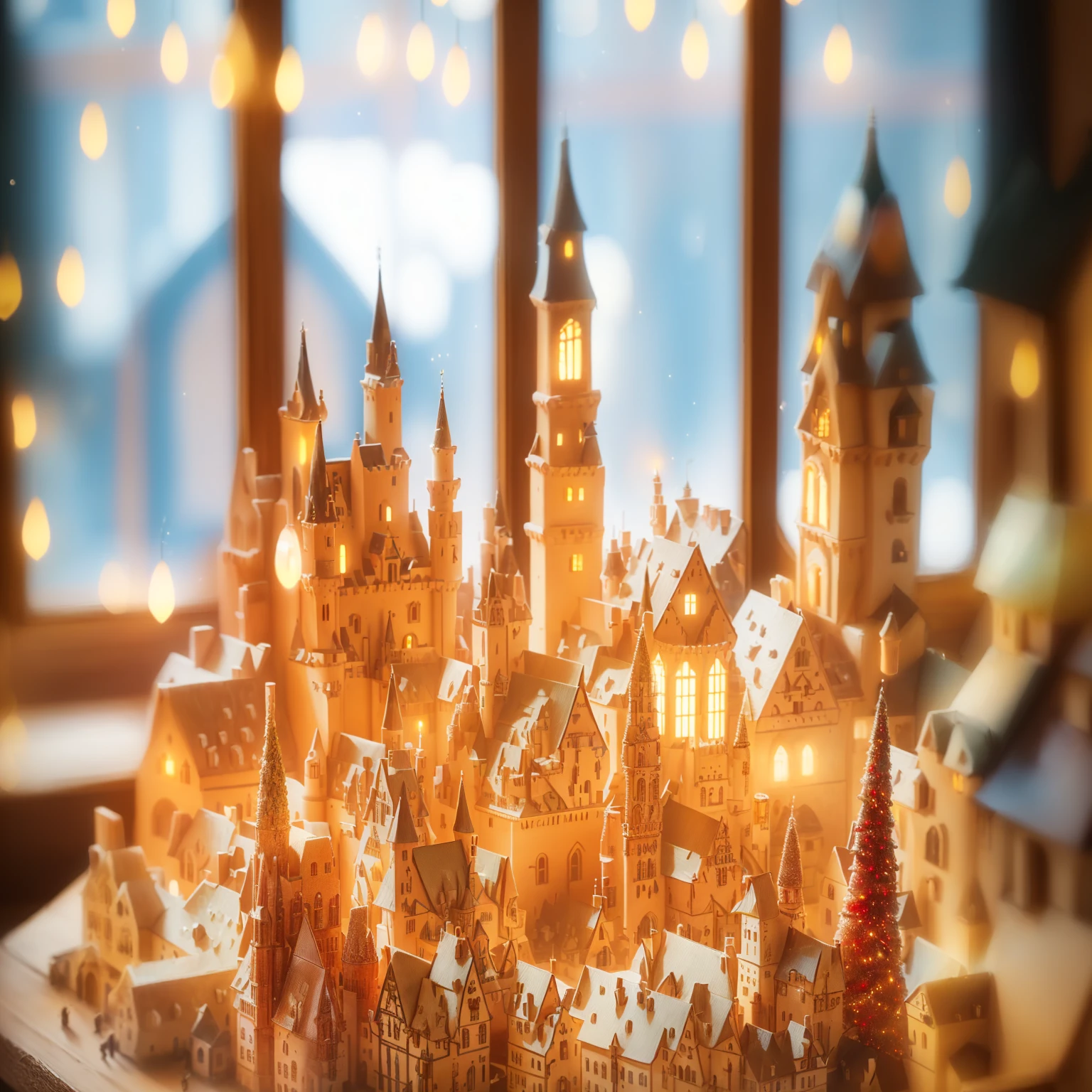There is a small model of a castle with candles., Sunlight and capricious house, Miniature cities, Beautifully illuminated building, Magical Village, Realistic photos of the town, Brightly lit, Pilgrim Village setting, Made of sparkling wax and ceramic, Holiday season, A bustling magical town, Illuminate brightly, Magical Scene, The light is on in the window, With glowing window