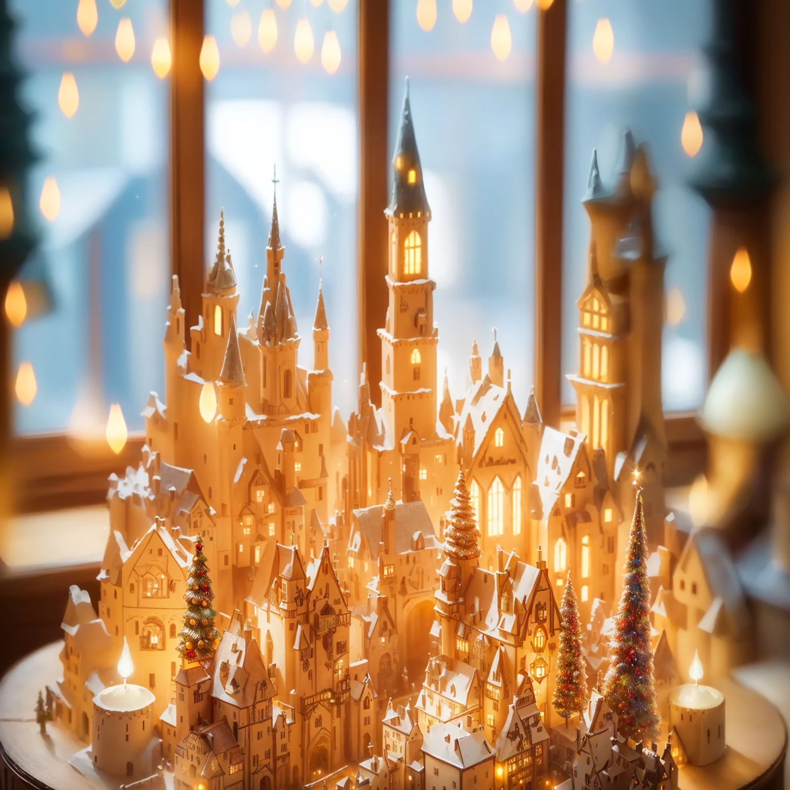 There is a small model of a castle with candles., Sunlight and capricious house, Miniature cities, Beautifully illuminated building, Magical Village, Realistic photos of the town, Brightly lit, Pilgrim Village setting, Made of sparkling wax and ceramic, Holiday season, A bustling magical town, Illuminate brightly, Magical Scene, The light is on in the window, With glowing window